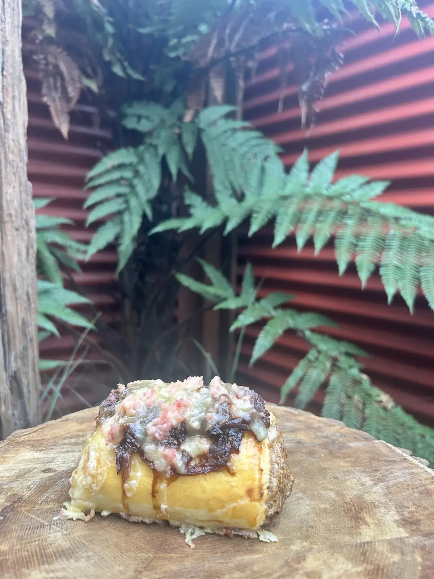 A small serving of food with toppings sits on a wooden surface; in the background are green fern leaves and a corrugated metal wall.